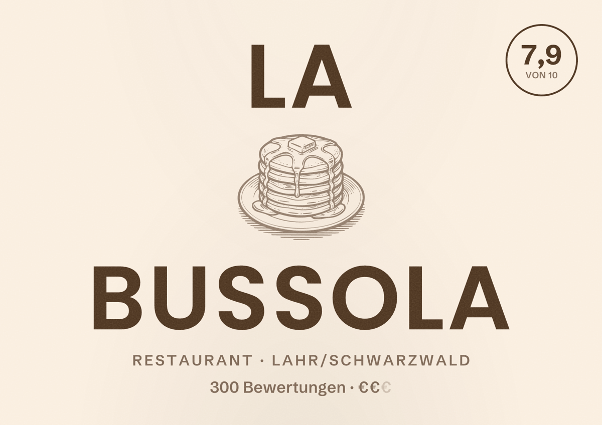Illustriertes Poster von La Bussola, Restaurant in Lahr/Schwarzwald: Bewertung 7,9 von 10 aus 300 Bewertungen, Preisniveau €€