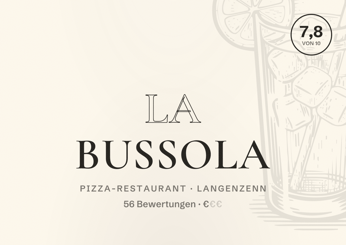 Illustriertes Poster von La Bussola, Pizza-Restaurant in Langenzenn: Bewertung 7,8 von 10 aus 56 Bewertungen, Preisniveau €