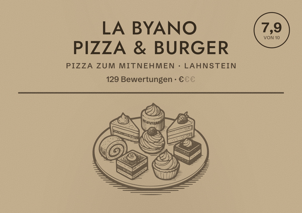 Illustriertes Poster von La Byano Pizza & Burger, Pizza zum Mitnehmen in Lahnstein: Bewertung 7,9 von 10 aus 129 Bewertungen, Preisniveau €