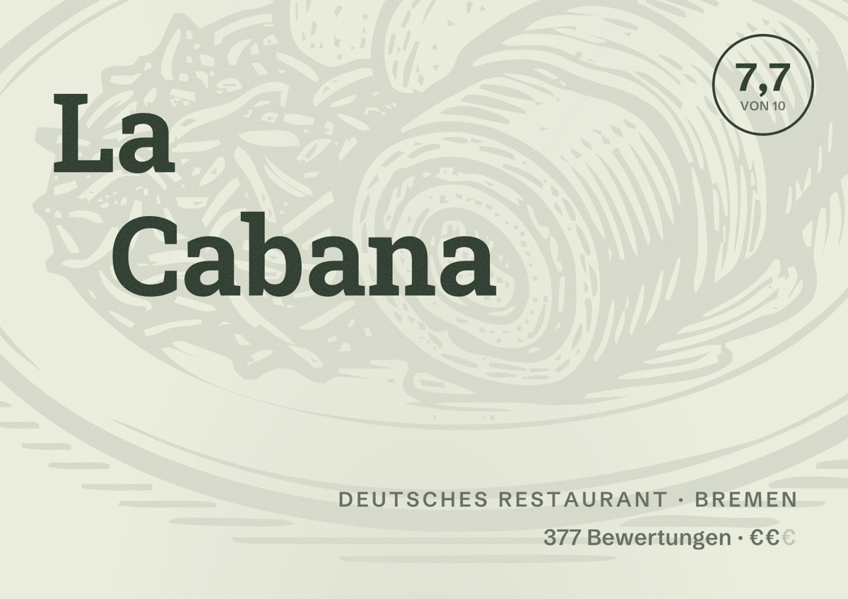 Illustriertes Poster von La Cabana, Deutsches Restaurant in Bremen: Bewertung 7,7 von 10 aus 377 Bewertungen, Preisniveau €€