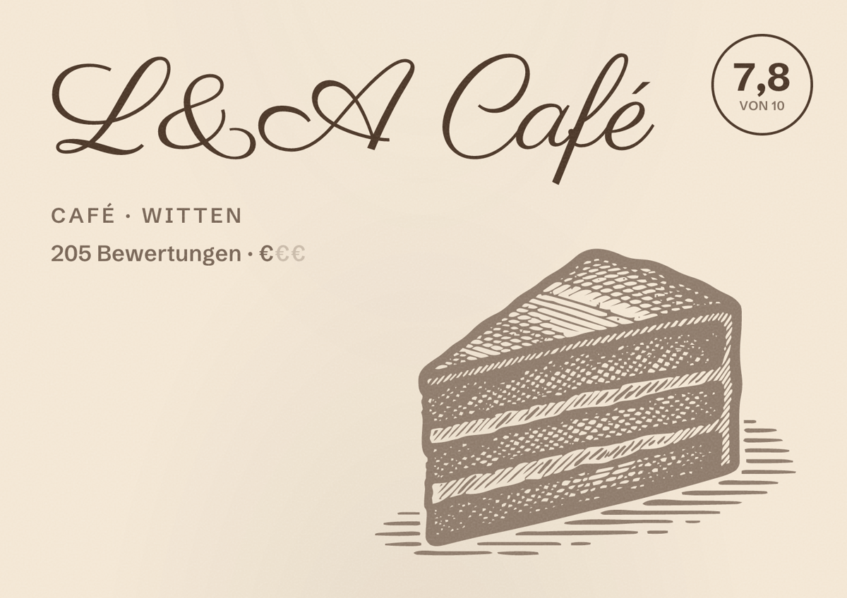 Illustriertes Poster von L&A Café, Café in Witten: Bewertung 7,8 von 10 aus 205 Bewertungen, Preisniveau €