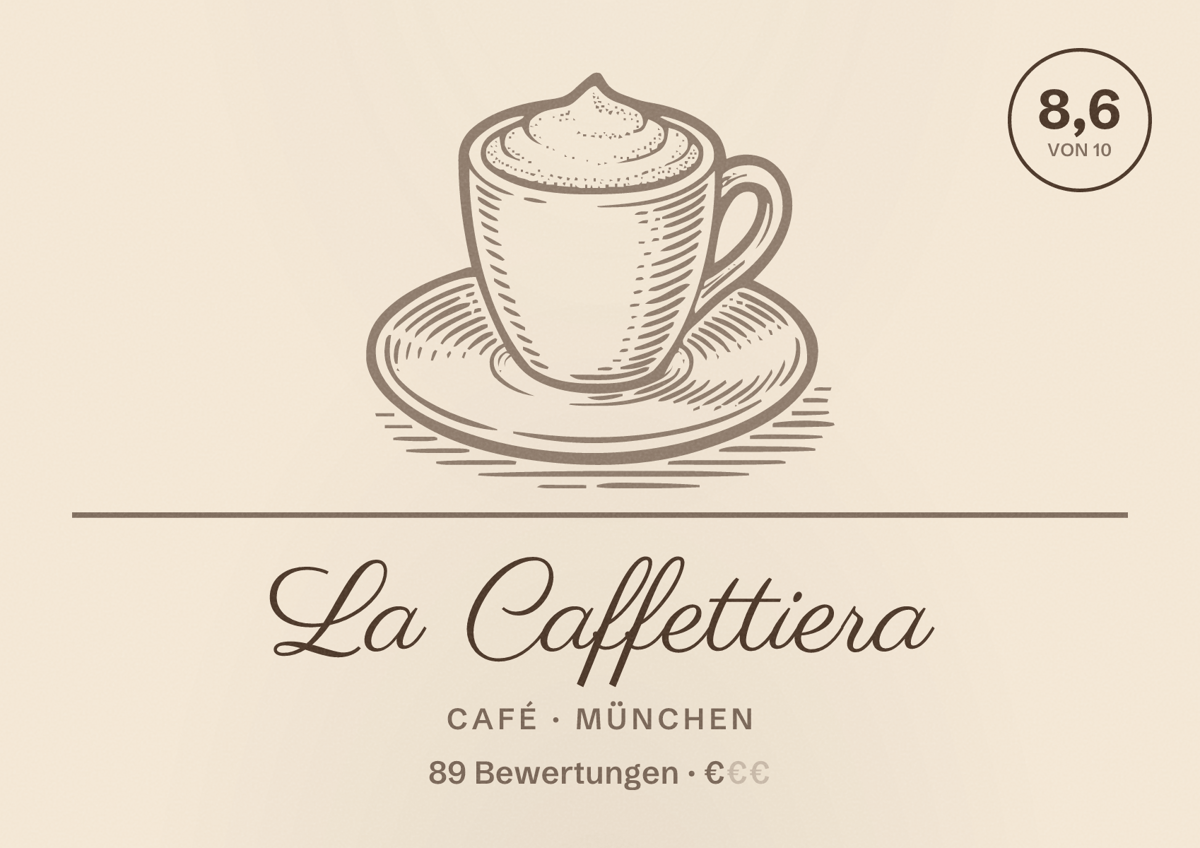 Illustriertes Poster von La Caffettiera, Café in München: Bewertung 8,6 von 10 aus 89 Bewertungen, Preisniveau €