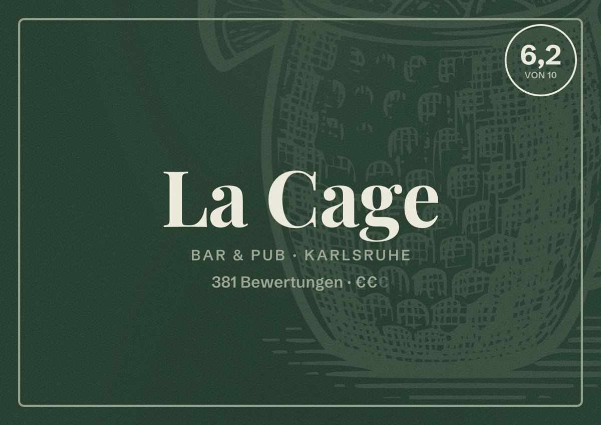 Illustriertes Poster von La Cage, Bar & Pub in Karlsruhe: Bewertung 6,2 von 10 aus 381 Bewertungen, Preisniveau €€