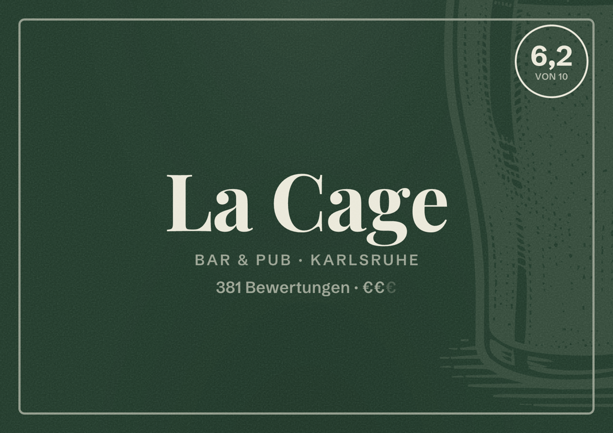 Illustriertes Poster von La Cage, Bar & Pub in Karlsruhe: Bewertung 6,2 von 10 aus 381 Bewertungen, Preisniveau €€