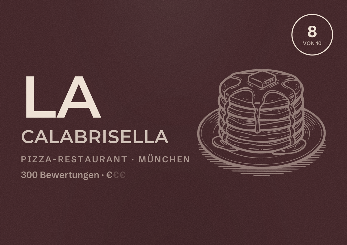 Illustriertes Poster von La Calabrisella, Pizza-Restaurant in München: Bewertung 8,0 von 10 aus 300 Bewertungen, Preisniveau €