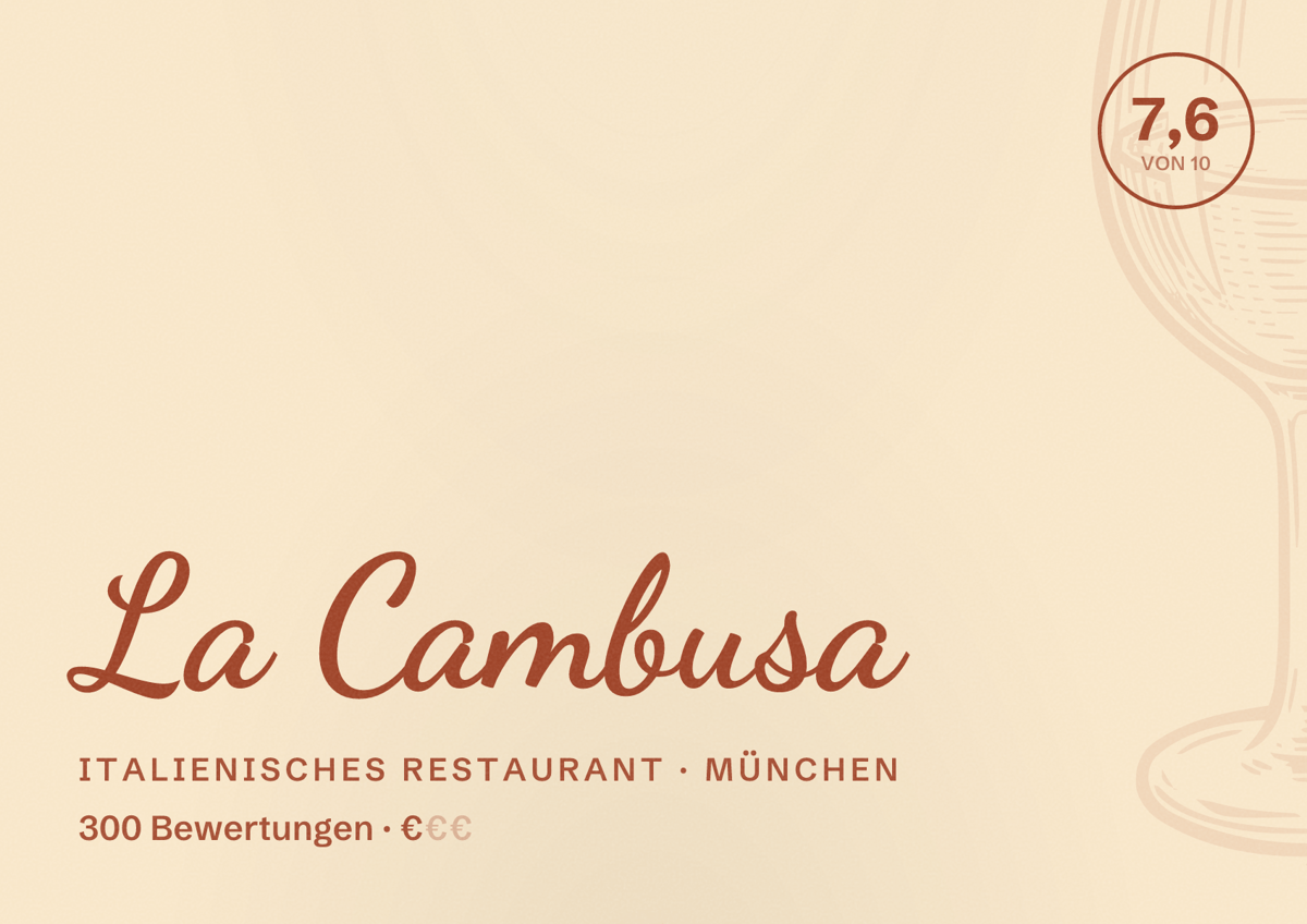 Illustriertes Poster von La Cambusa, Italienisches Restaurant in München: Bewertung 7,6 von 10 aus 300 Bewertungen, Preisniveau €