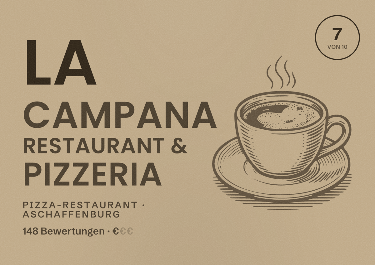 Illustriertes Poster von La Campana Restaurant & Pizzeria, Pizza-Restaurant in Aschaffenburg: Bewertung 7 von 10 aus 148 Bewertungen, Preisniveau €