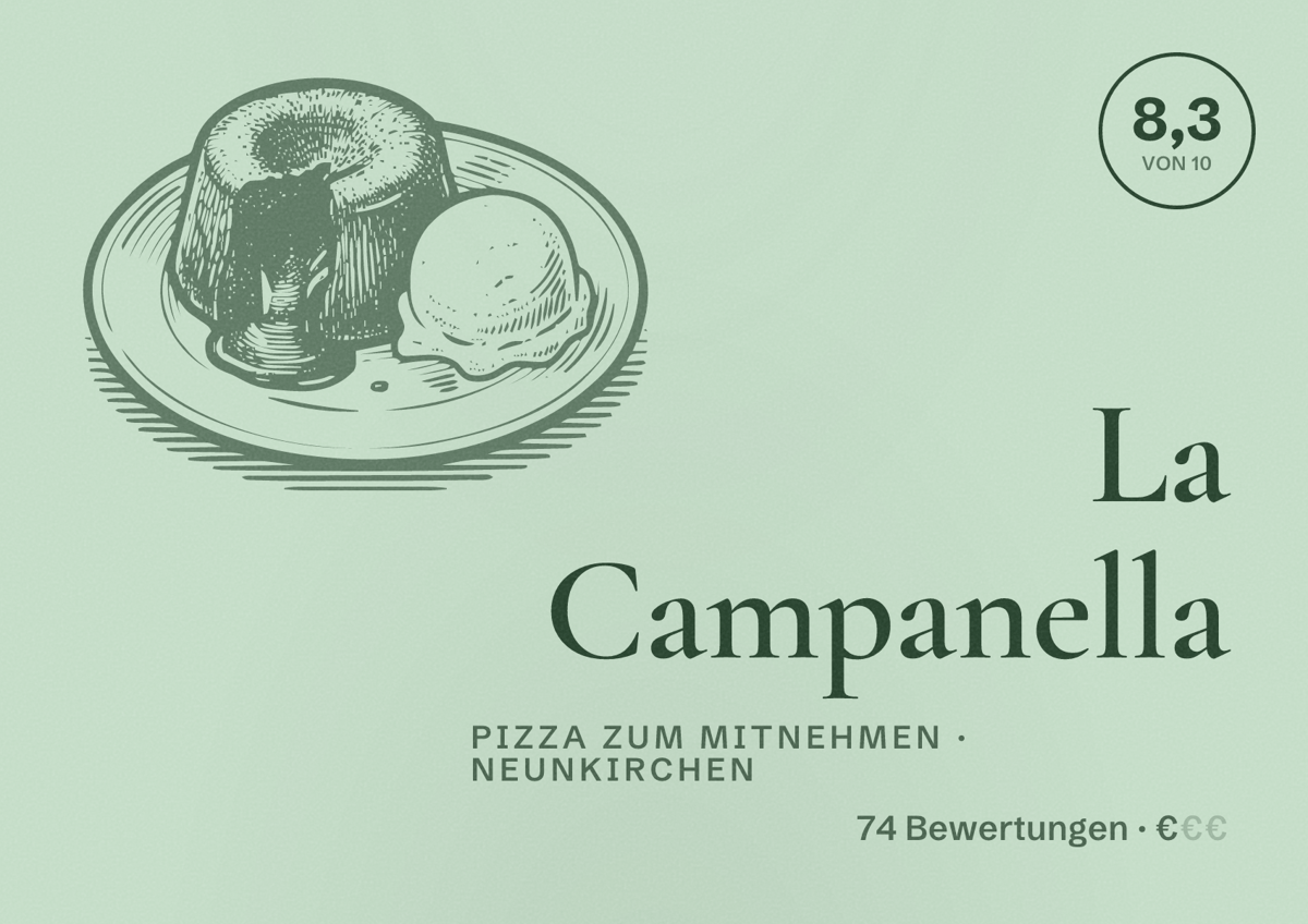Illustriertes Poster von La Campanella, Pizza zum Mitnehmen in Neunkirchen: Bewertung 8,3 von 10 aus 74 Bewertungen, Preisniveau €