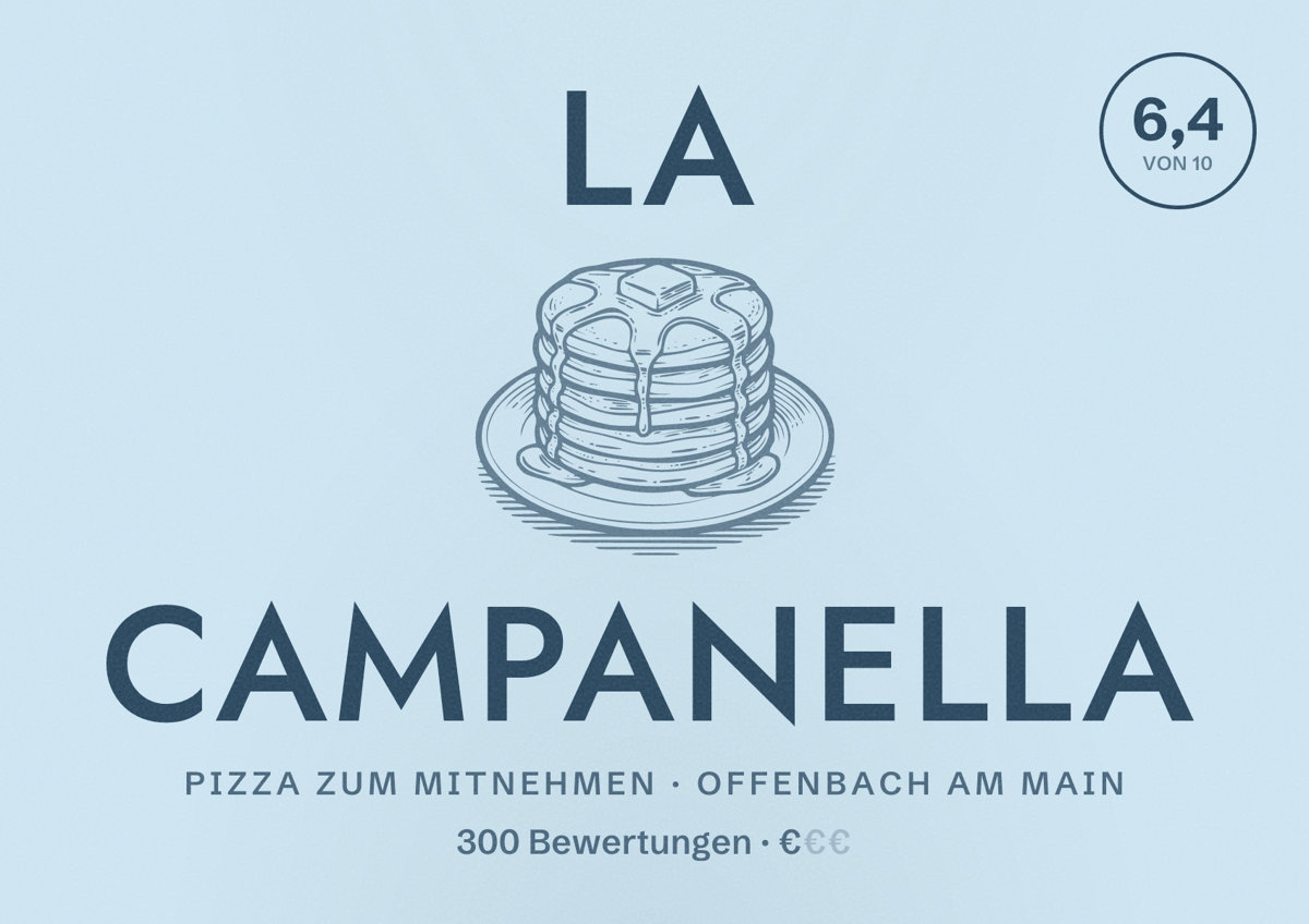 Illustriertes Poster von La Campanella, Pizza zum Mitnehmen in Offenbach am Main: Bewertung 6,4 von 10 aus 300 Bewertungen, Preisniveau €