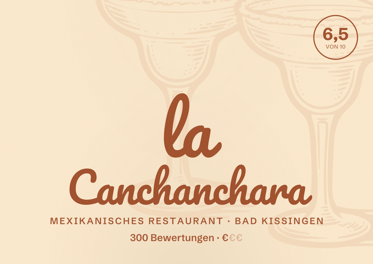Illustriertes Poster von la Canchanchara, Mexikanisches Restaurant in Bad Kissingen: Bewertung 6,5 von 10 aus 300 Bewertungen, Preisniveau €