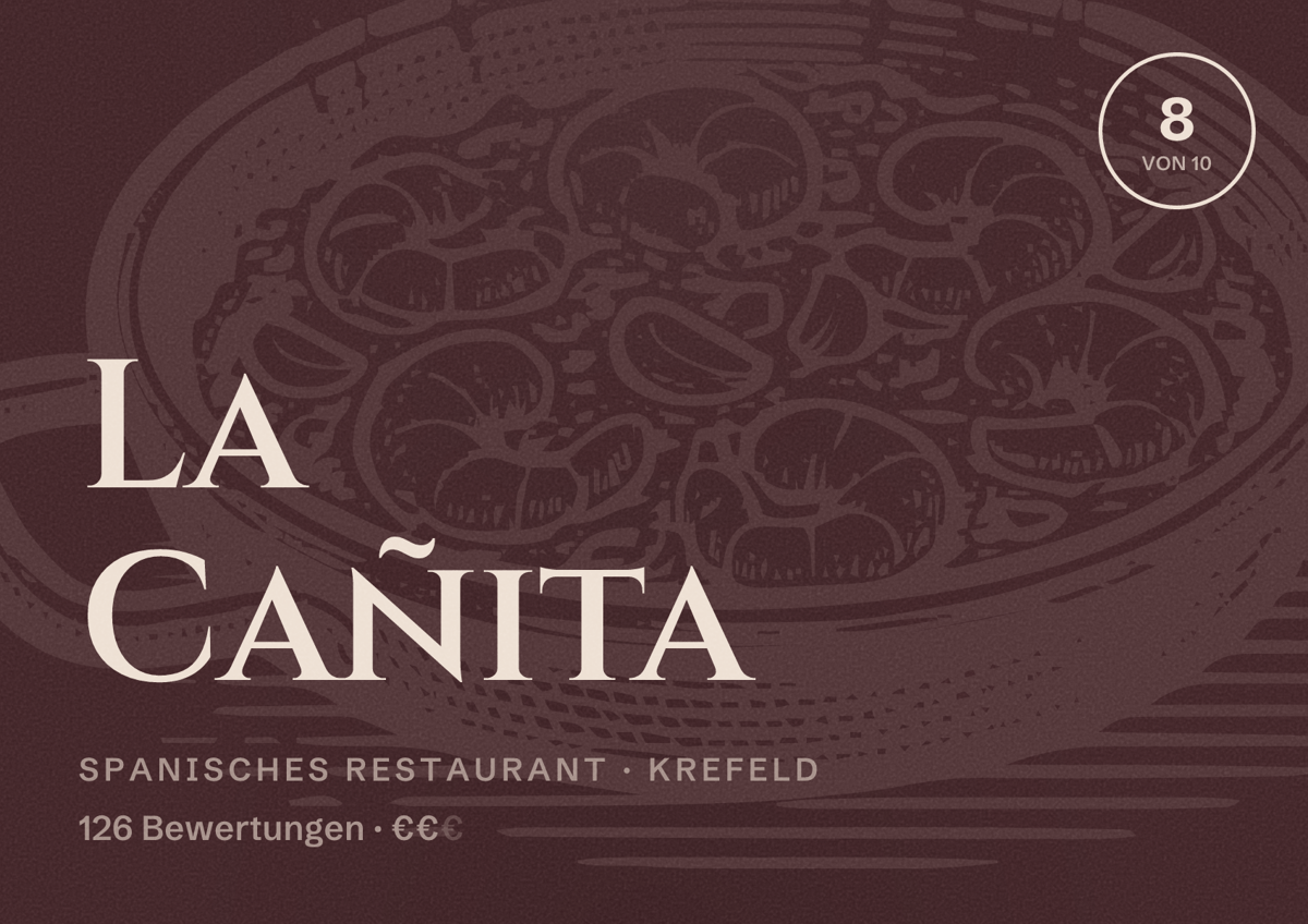 Illustriertes Poster von La Cañita, Spanisches Restaurant in Krefeld: Bewertung 8 von 10 aus 126 Bewertungen, Preisniveau €€