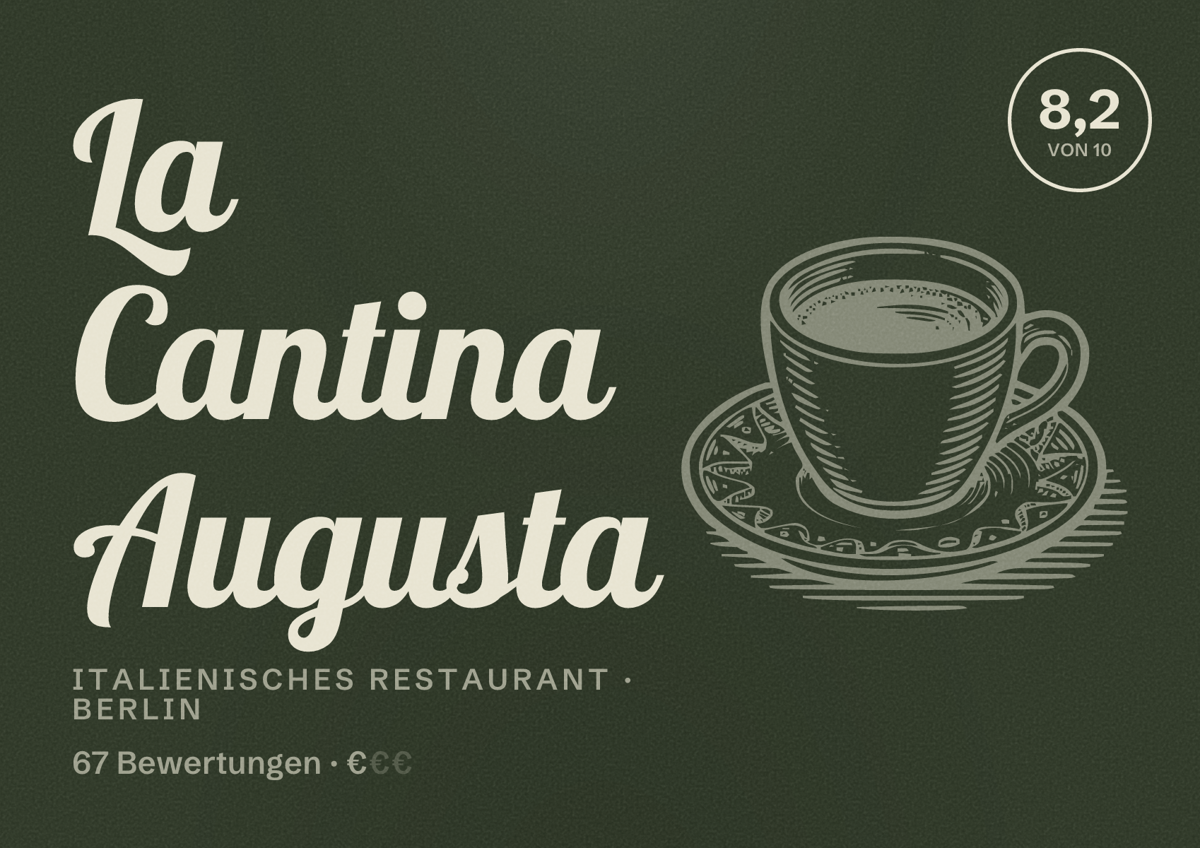Illustriertes Poster von La Cantina Augusta, Italienisches Restaurant in Berlin: Bewertung 8,2 von 10 aus 67 Bewertungen, Preisniveau €