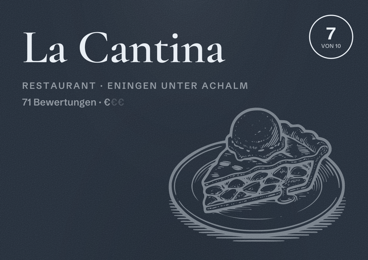 Illustriertes Poster von La Cantina, Restaurant in Eningen unter Achalm: Bewertung 7 von 10 aus 71 Bewertungen, Preisniveau €