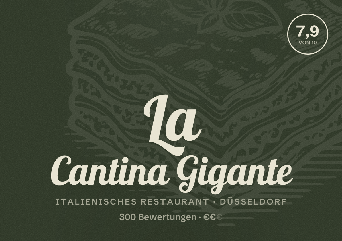Illustriertes Poster von La Cantina Gigante, Italienisches Restaurant in Düsseldorf: Bewertung 7,9 von 10 aus 300 Bewertungen, Preisniveau €€