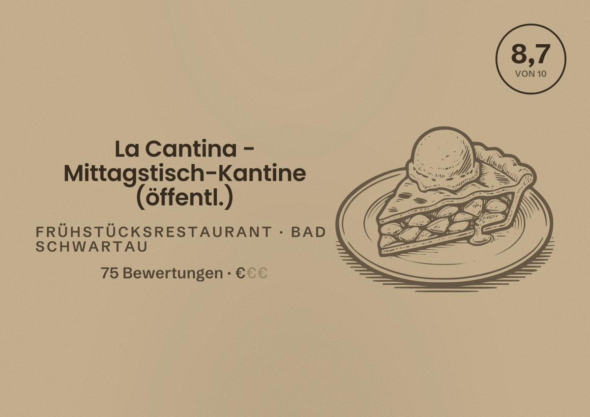 Illustriertes Poster von La Cantina - Mittagstisch-Kantine (öffentl.), Frühstücksrestaurant in Bad Schwartau: Bewertung 8,7 von 10 aus 75 Bewertungen, Preisniveau €