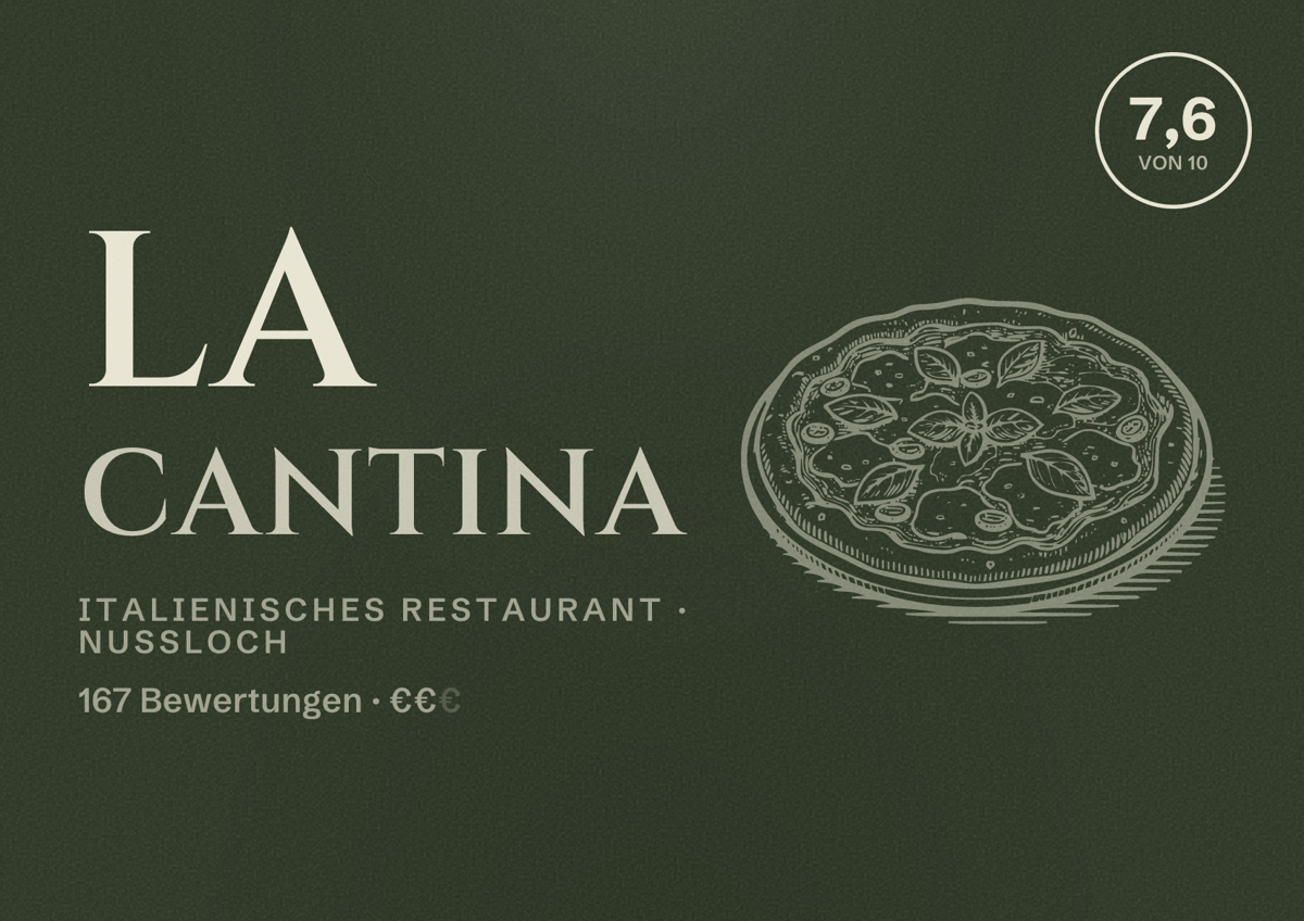 Illustriertes Poster von La Cantina, Italienisches Restaurant in Nußloch: Bewertung 7,6 von 10 aus 167 Bewertungen, Preisniveau €€