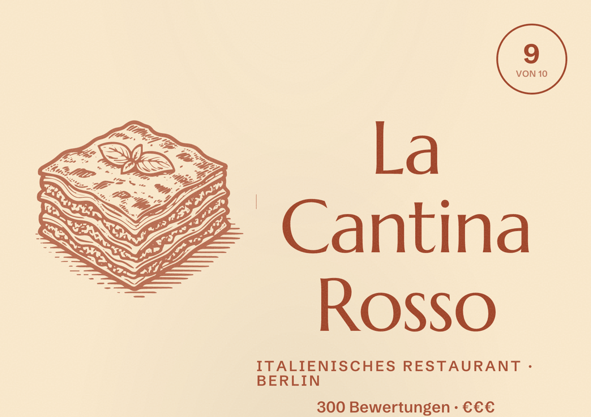 Illustriertes Poster von La Cantina Rosso, Italienisches Restaurant in Berlin: Bewertung 9,0 von 10 aus 300 Bewertungen, Preisniveau €€€