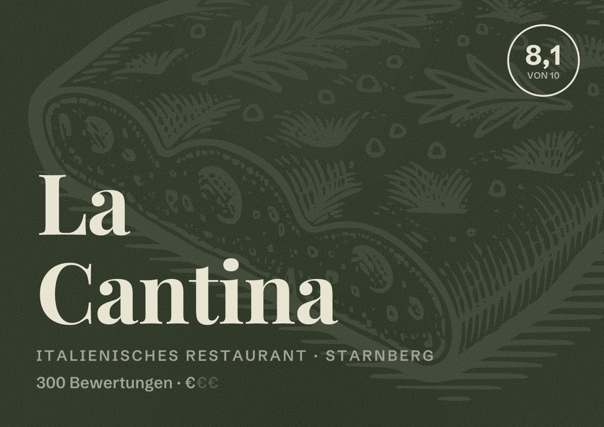 Illustriertes Poster von La Cantina, Italienisches Restaurant in Starnberg: Bewertung 8,1 von 10 aus 300 Bewertungen, Preisniveau €