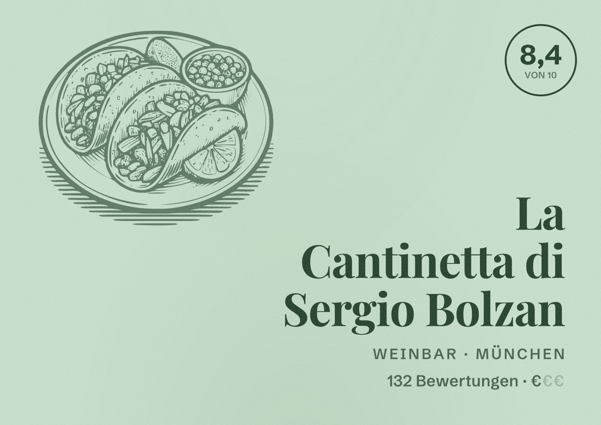 Illustriertes Poster von La Cantinetta di Sergio Bolzan, Weinbar in München: Bewertung 8,4 von 10 aus 132 Bewertungen, Preisniveau €