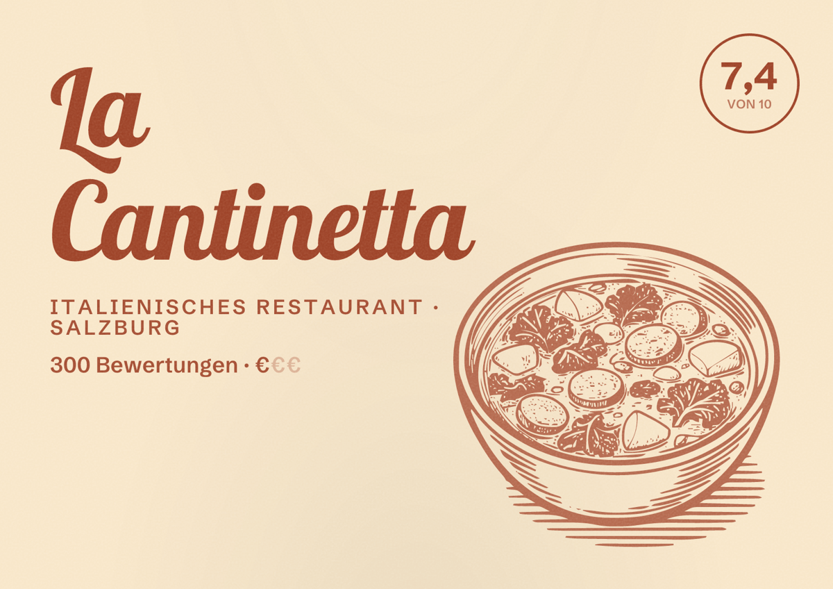 Illustriertes Poster von La Cantinetta, Italienisches Restaurant in Salzburg: Bewertung 7,4 von 10 aus 300 Bewertungen, Preisniveau €