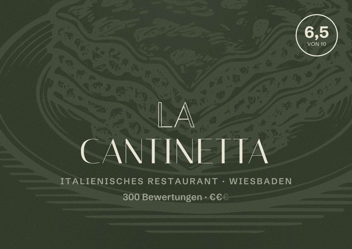 Illustriertes Poster von La Cantinetta, Italienisches Restaurant in Wiesbaden: Bewertung 6,5 von 10 aus 300 Bewertungen, Preisniveau €€