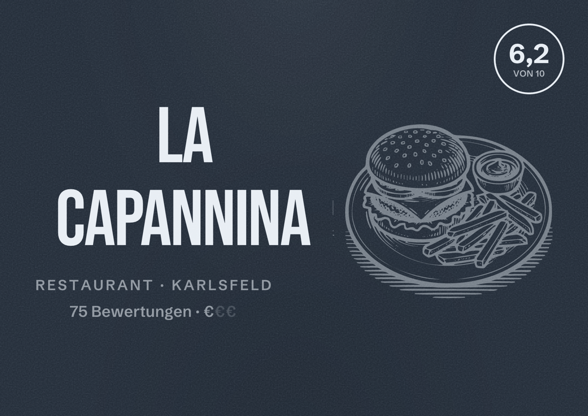 Illustriertes Poster von La Capannina, Restaurant in Karlsfeld: Bewertung 6,2 von 10 aus 75 Bewertungen, Preisniveau €