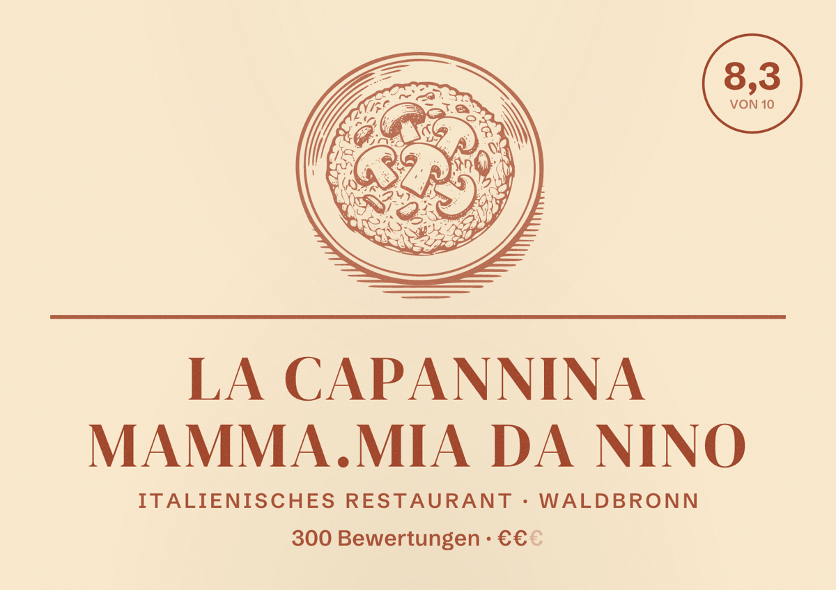 Illustriertes Poster von La Capannina Mamma.Mia Da Nino, Italienisches Restaurant in Waldbronn: Bewertung 8,3 von 10 aus 300 Bewertungen, Preisniveau €€