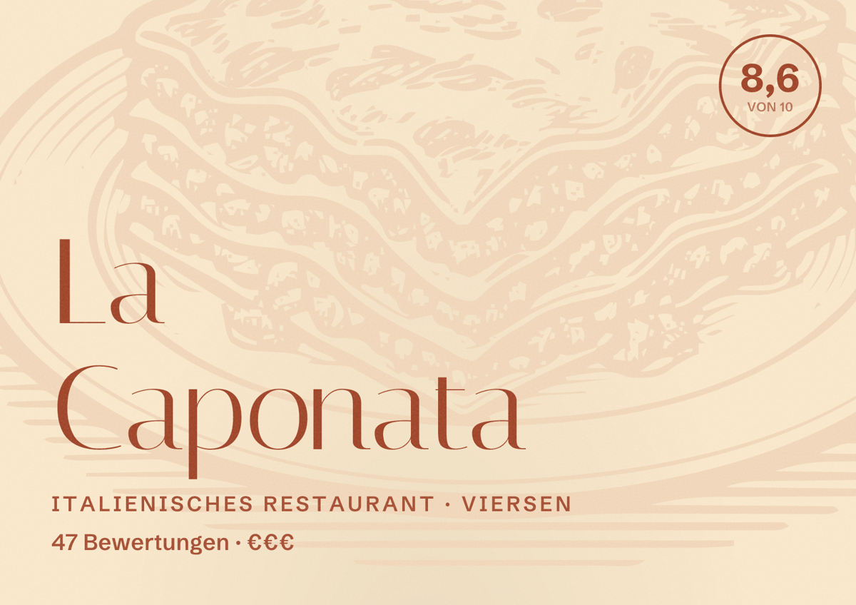 Illustriertes Poster von La Caponata, Italienisches Restaurant in Viersen: Bewertung 8,6 von 10 aus 47 Bewertungen, Preisniveau €€€