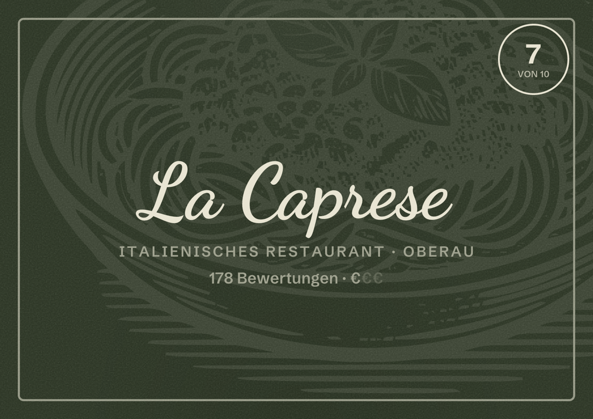 Illustriertes Poster von La Caprese, Italienisches Restaurant in Oberau: Bewertung 7 von 10 aus 178 Bewertungen, Preisniveau €