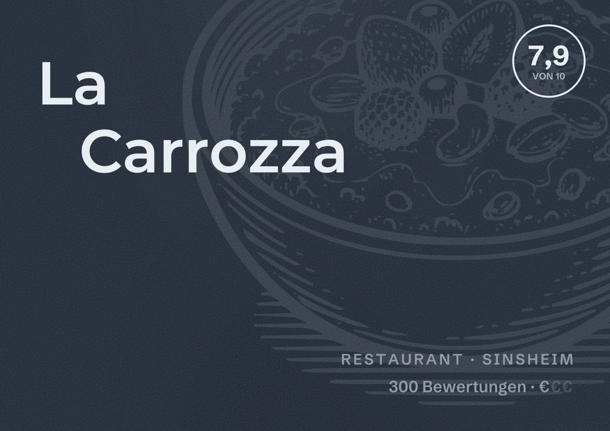 Illustriertes Poster von La Carrozza, Restaurant in Sinsheim: Bewertung 7,9 von 10 aus 300 Bewertungen, Preisniveau €