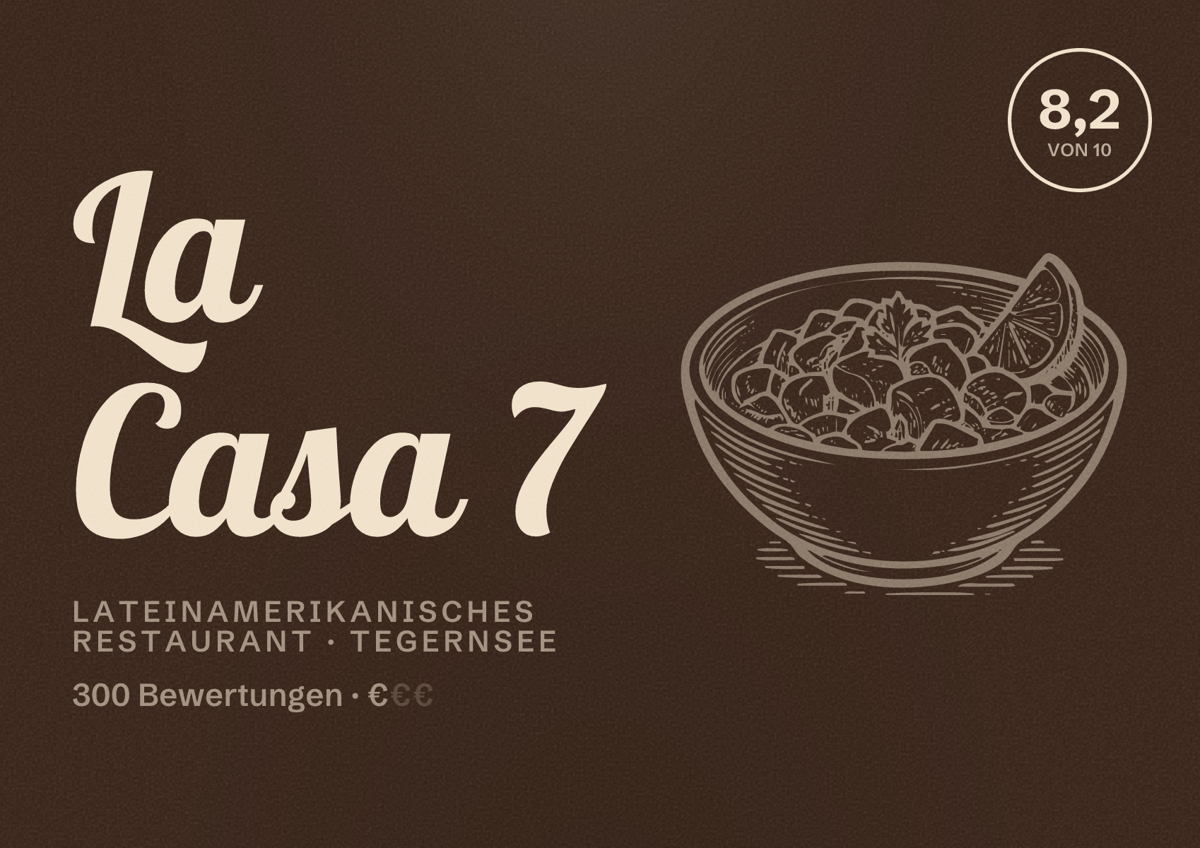 Illustriertes Poster von La Casa 7, Lateinamerikanisches Restaurant in Tegernsee: Bewertung 8,2 von 10 aus 300 Bewertungen, Preisniveau €