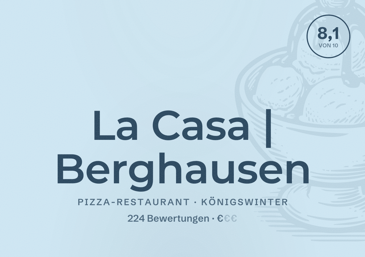 Illustriertes Poster von La Casa | Berghausen, Pizza-Restaurant in Königswinter: Bewertung 8,1 von 10 aus 224 Bewertungen, Preisniveau €