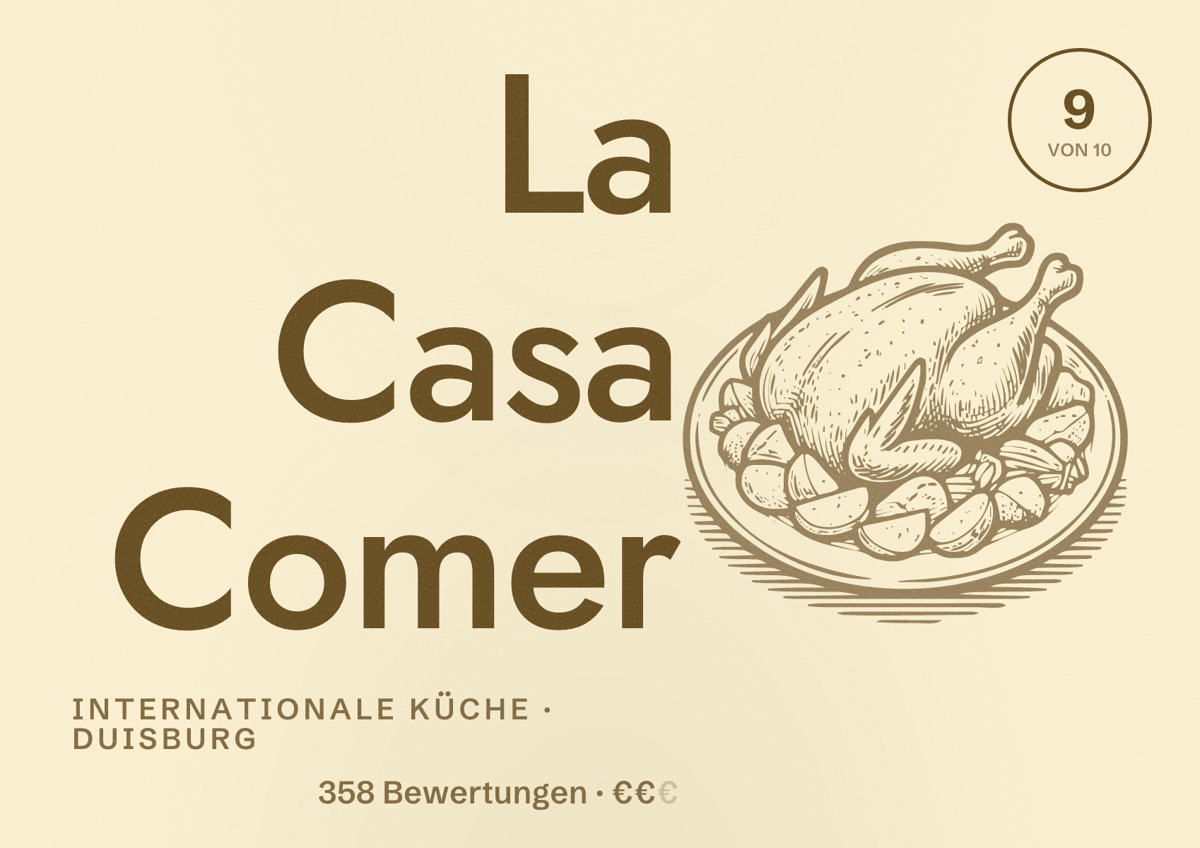 Illustriertes Poster von La Casa Comer, Internationale Küche in Duisburg: Gästebewertung 9 von 10 aus 358 Bewertungen