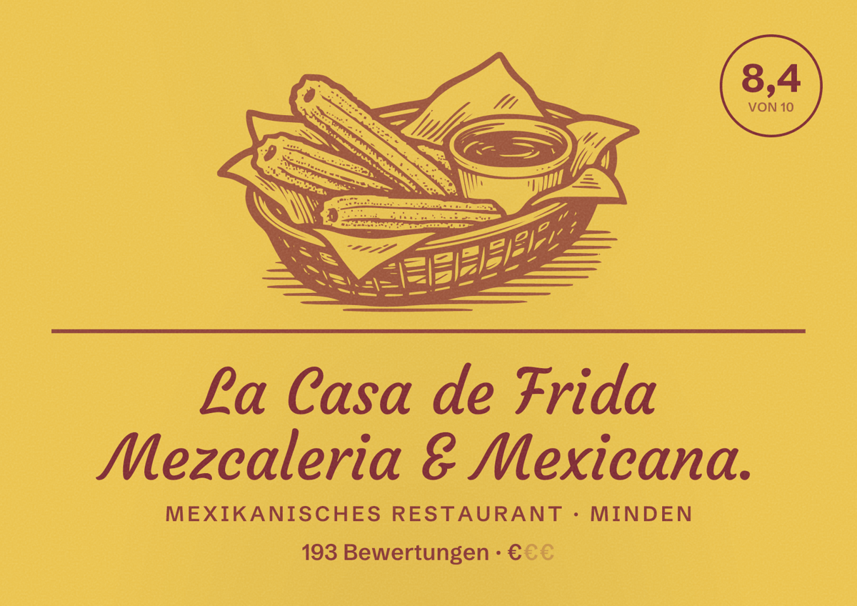 Illustriertes Poster von La Casa de Frida Mezcaleria & Mexicana., Mexikanisches Restaurant in Minden: Bewertung 8,4 von 10 aus 193 Bewertungen, Preisniveau €