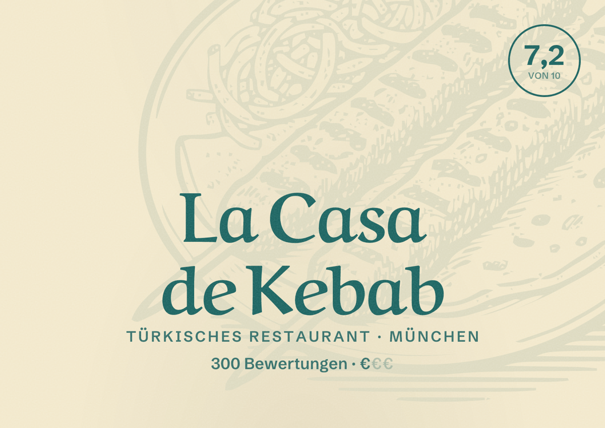 Illustriertes Poster von La Casa de Kebab, Türkisches Restaurant in München: Bewertung 7,2 von 10 aus 300 Bewertungen, Preisniveau €