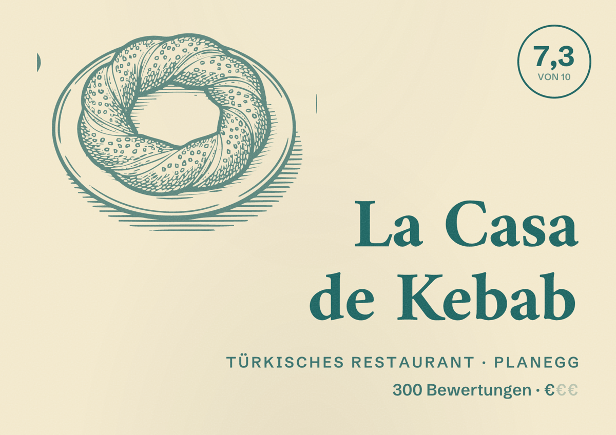 Illustriertes Poster von La Casa de Kebab, Türkisches Restaurant in Planegg: Bewertung 7,3 von 10 aus 300 Bewertungen, Preisniveau €