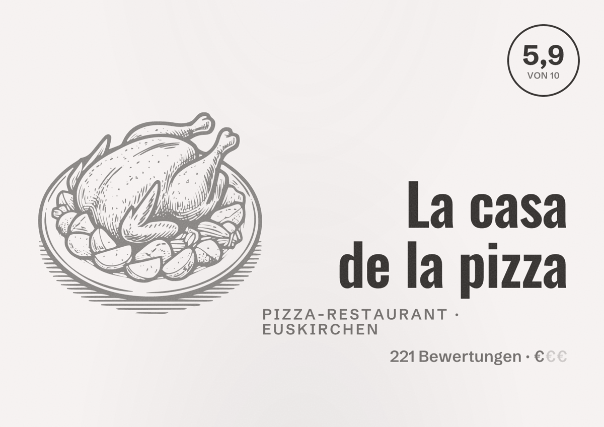 Illustriertes Poster von La casa de la pizza, Pizza-Restaurant in Euskirchen: Bewertung 5,9 von 10 aus 221 Bewertungen, Preisniveau €