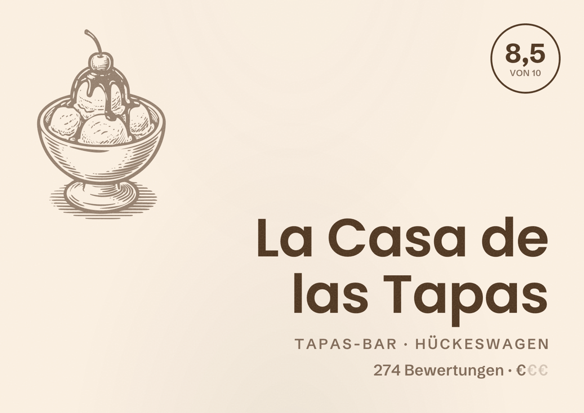 Illustriertes Poster von La Casa de las Tapas, Tapas-Bar in Hückeswagen: Bewertung 8,5 von 10 aus 274 Bewertungen, Preisniveau €