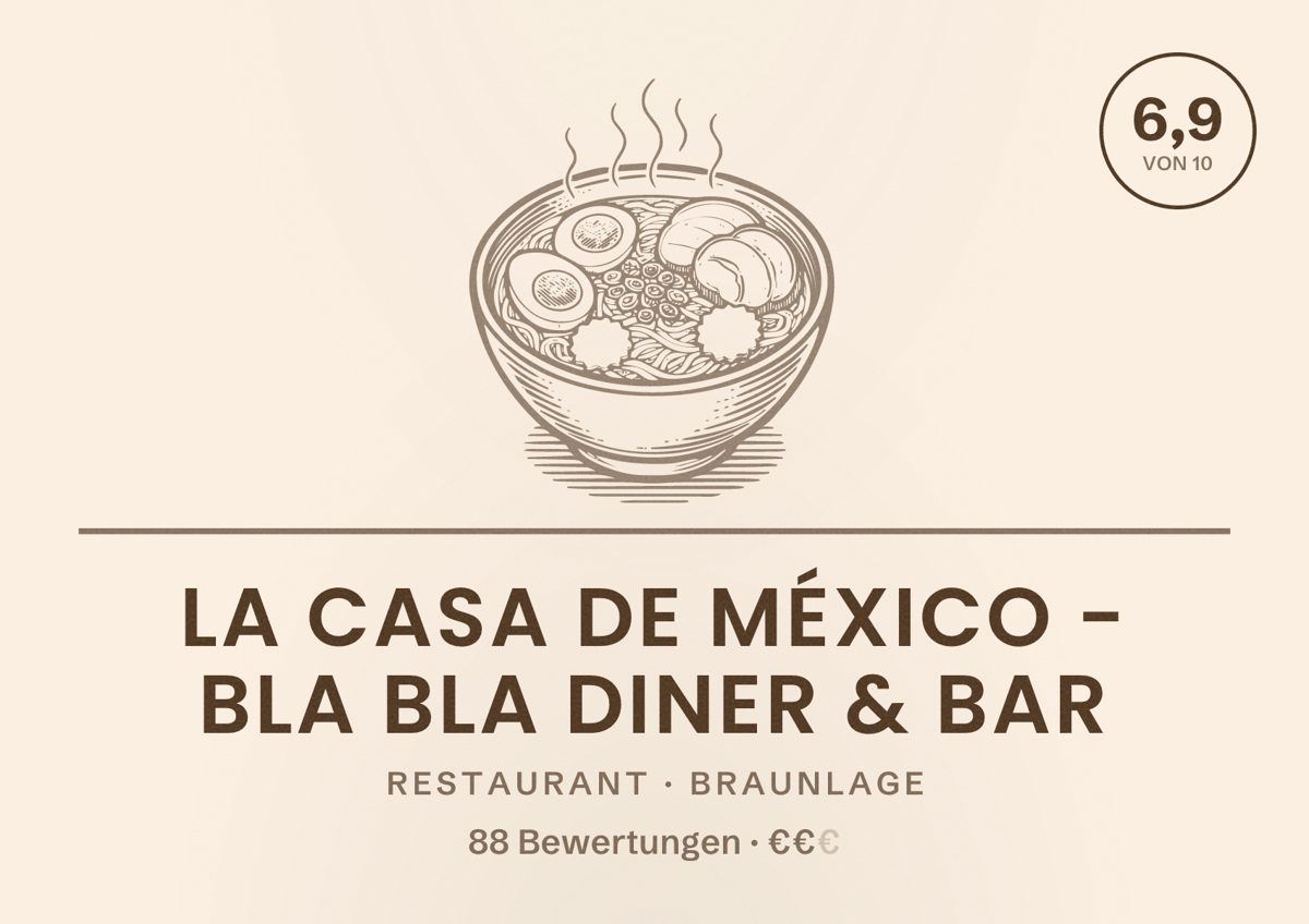 Illustriertes Poster von La Casa de México - Bla Bla Diner & Bar, Restaurant in Braunlage: Bewertung 6,9 von 10 aus 88 Bewertungen, Preisniveau €€