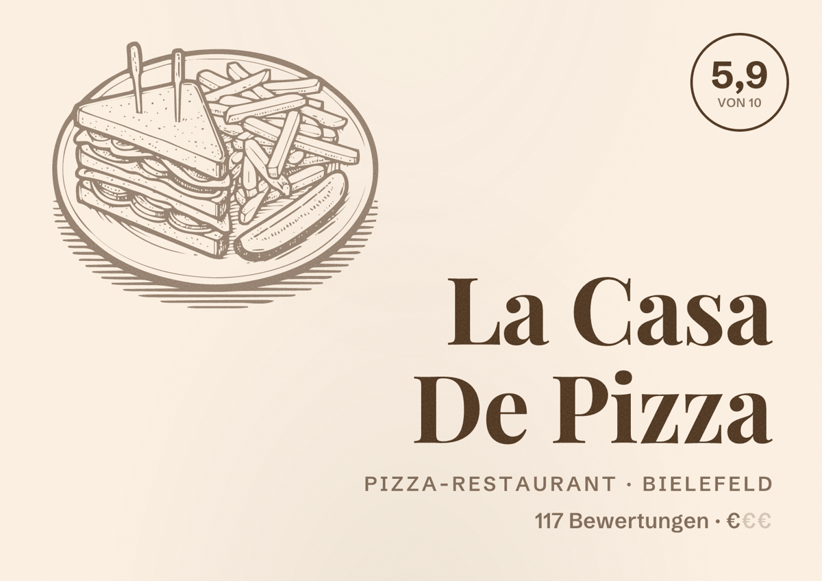 Illustriertes Poster von La Casa De Pizza, Pizza-Restaurant in Bielefeld: Bewertung 5,9 von 10 aus 117 Bewertungen, Preisniveau €
