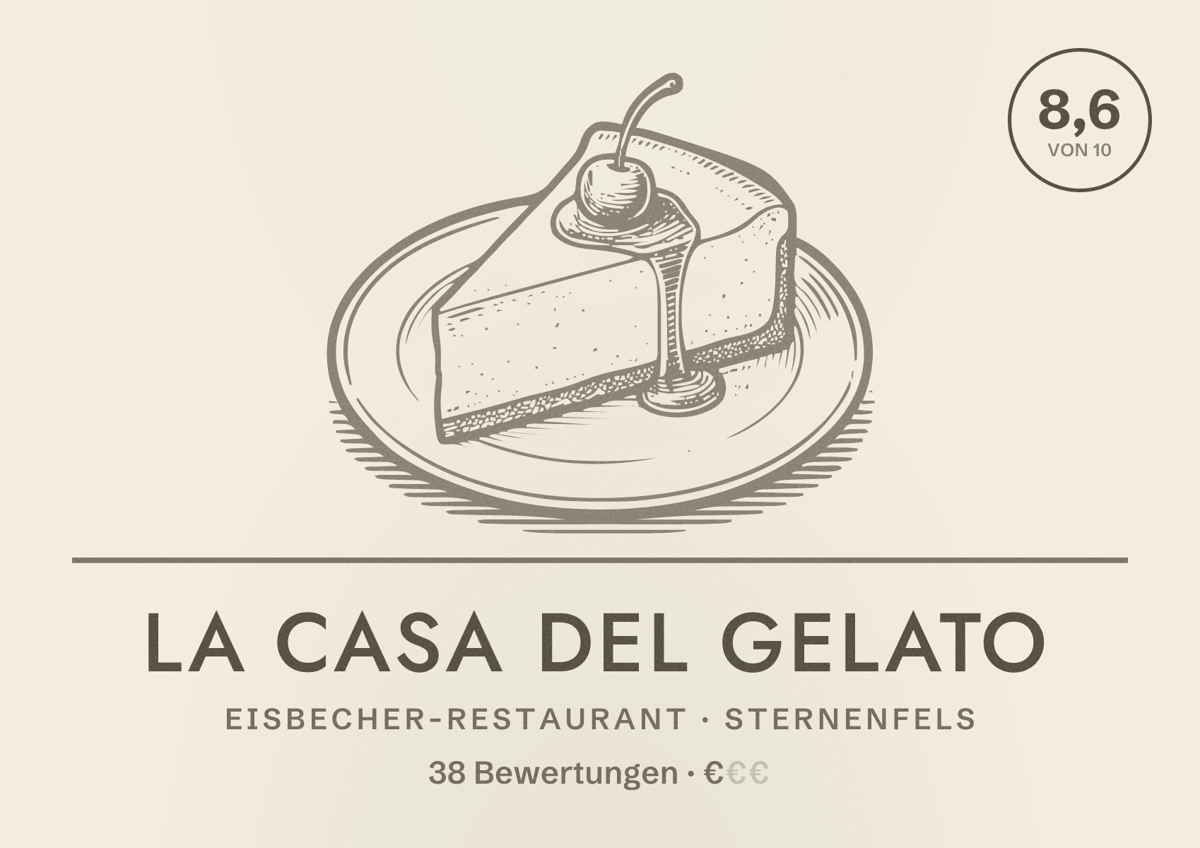 Illustriertes Poster von La Casa del Gelato, Eisbecher-Restaurant in Sternenfels: Bewertung 8,6 von 10 aus 38 Bewertungen, Preisniveau €