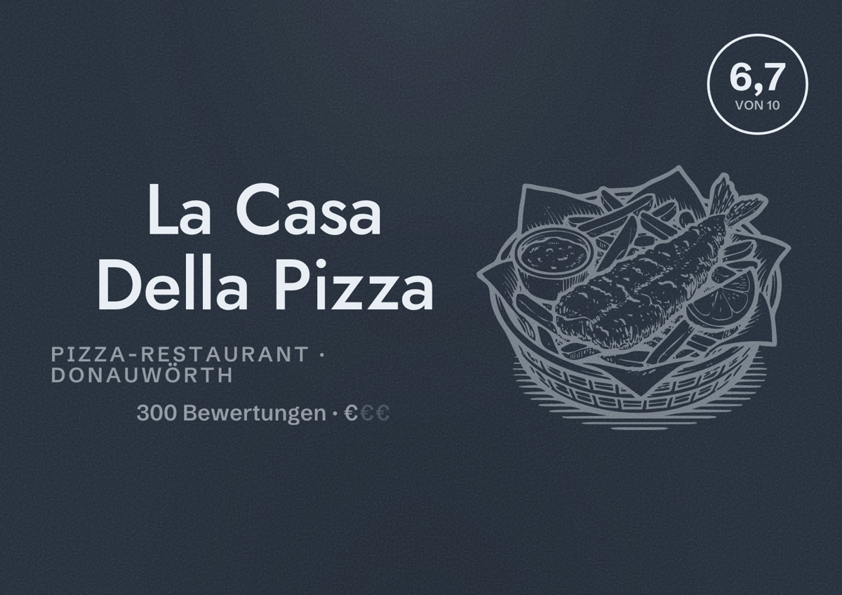 Illustriertes Poster von La Casa Della Pizza, Pizza-Restaurant in Donauwörth: Bewertung 6,7 von 10 aus 300 Bewertungen, Preisniveau €
