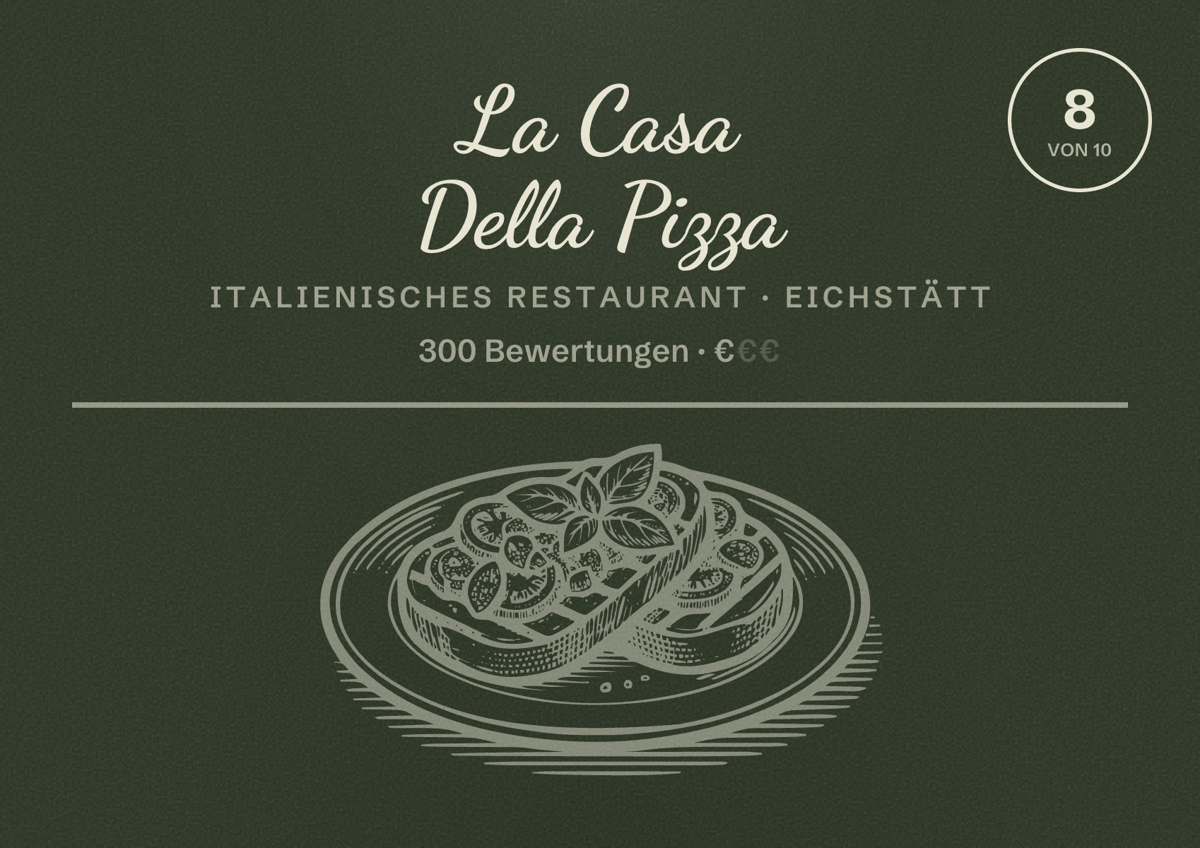 Illustriertes Poster von La Casa Della Pizza, Italienisches Restaurant in Eichstätt: Bewertung 8 von 10 aus 300 Bewertungen, Preisniveau €