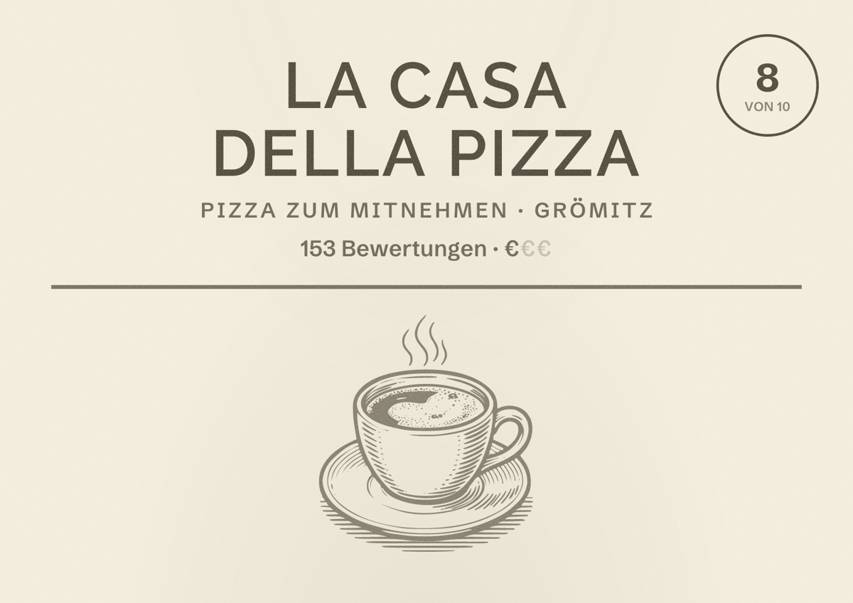Illustriertes Poster von La Casa Della Pizza, Pizza zum Mitnehmen in Grömitz: Bewertung 8 von 10 aus 153 Bewertungen, Preisniveau €