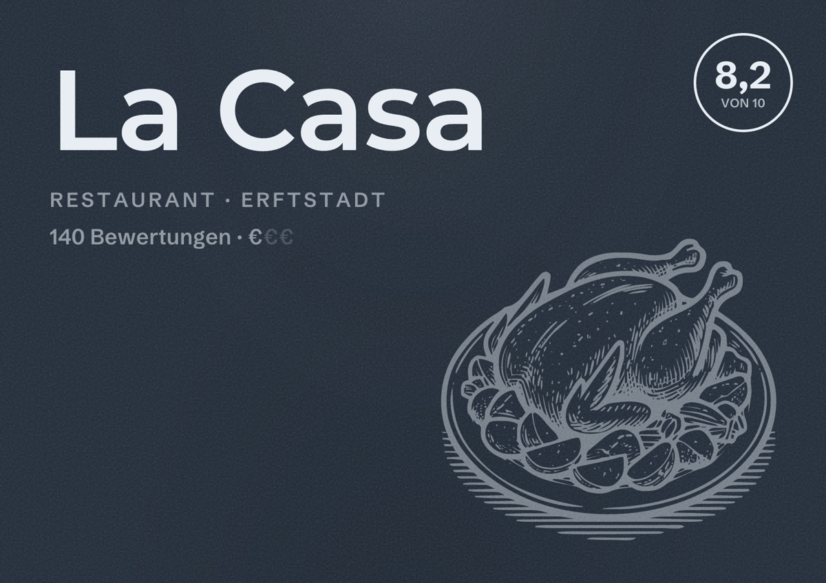 Illustriertes Poster von La Casa, Restaurant in Erftstadt: Bewertung 8,2 von 10 aus 140 Bewertungen, Preisniveau €