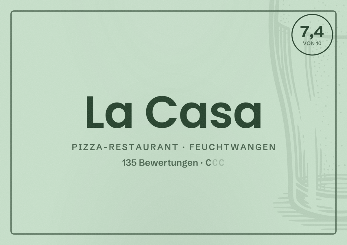 Illustriertes Poster von La Casa, Pizza-Restaurant in Feuchtwangen: Bewertung 7,4 von 10 aus 135 Bewertungen, Preisniveau €