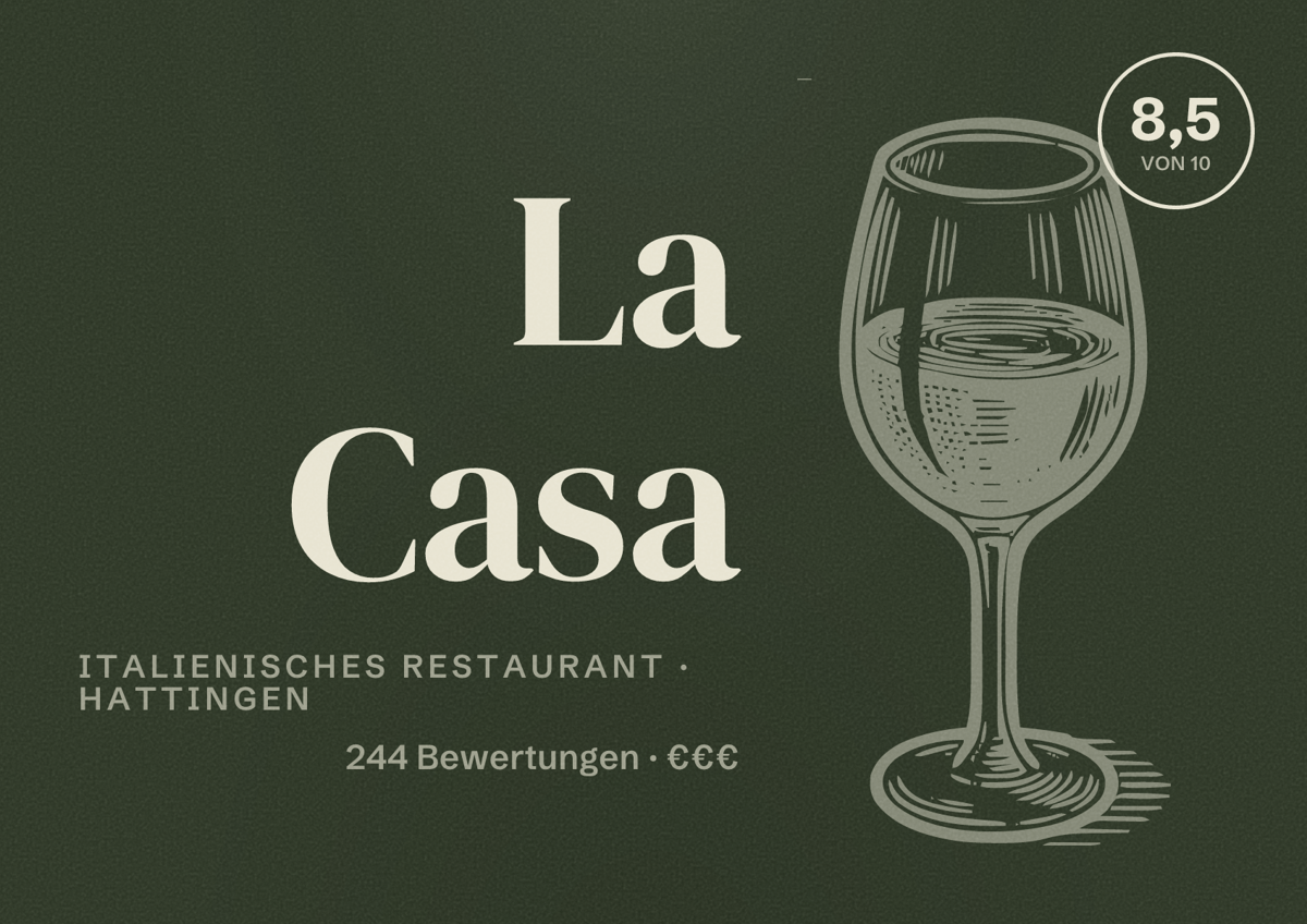 Illustriertes Poster von La Casa, Italienisches Restaurant in Hattingen: Bewertung 8,5 von 10 aus 244 Bewertungen, Preisniveau €€€