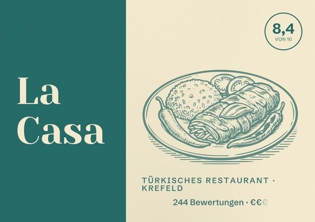 Illustriertes Poster von La Casa, Türkisches Restaurant in Krefeld: Bewertung 8,4 von 10 aus 244 Bewertungen, Preisniveau €€