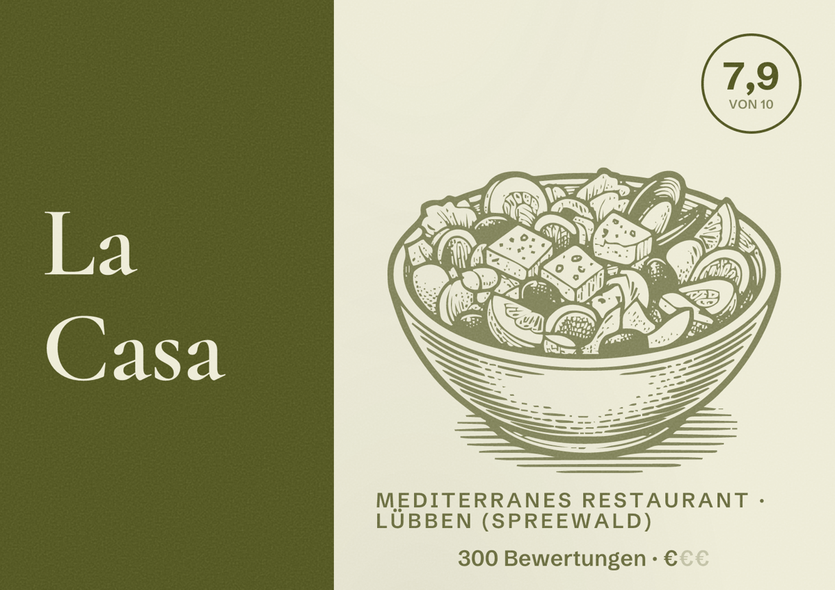 Illustriertes Poster von La Casa, Mediterranes Restaurant in Lübben (Spreewald): Bewertung 7,9 von 10 aus 300 Bewertungen, Preisniveau €