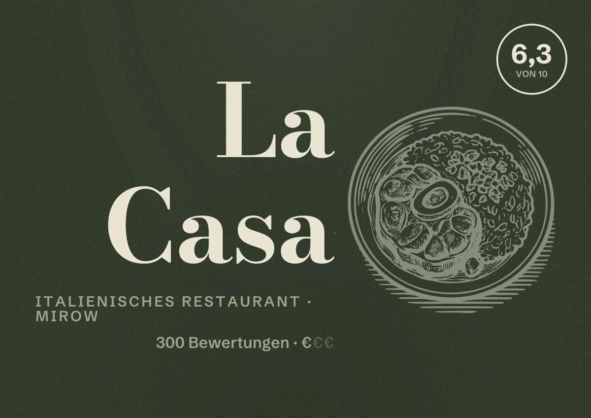 Illustriertes Poster von La Casa, Italienisches Restaurant in Mirow: Bewertung 6,3 von 10 aus 300 Bewertungen, Preisniveau €